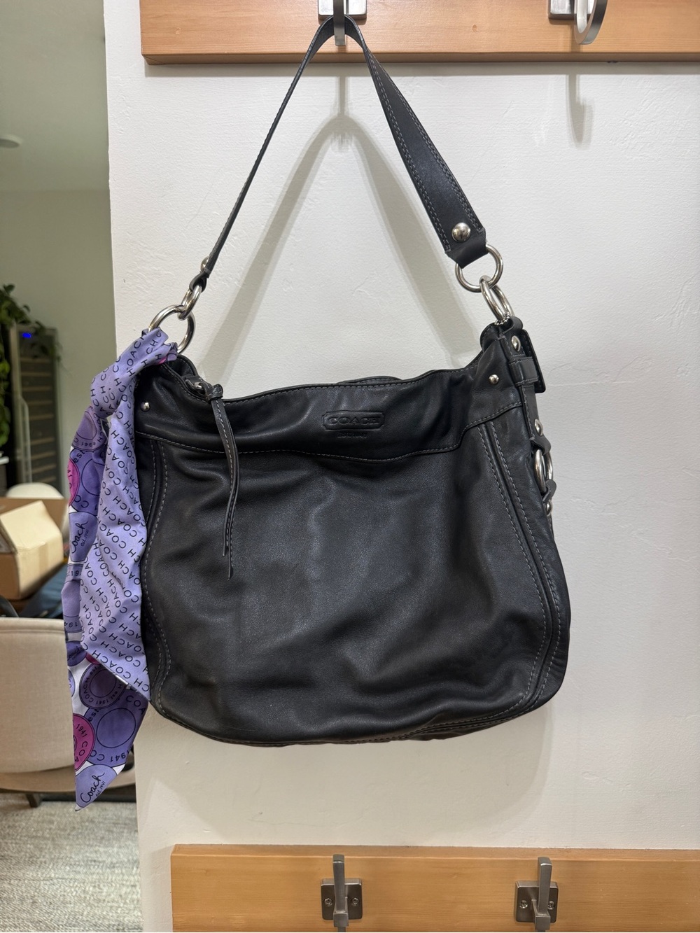 Coach Black Leather Shoulder Bag with Purple Scarf Accent